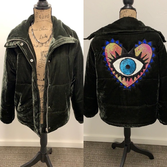 Jackets & Blazers - Evil Eye Olive Velvet Puffer Jacket